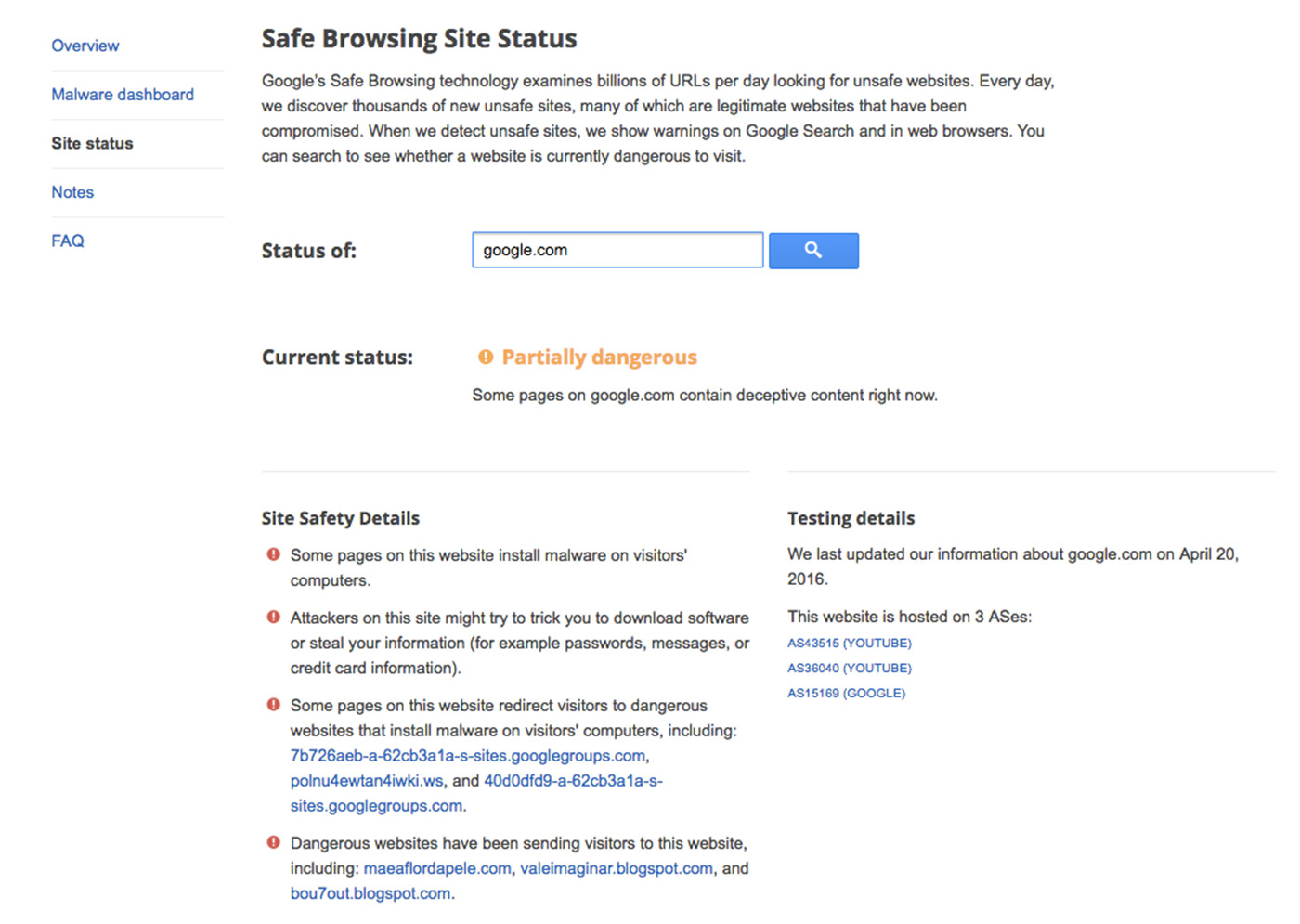 Google.com listed as dangerous site